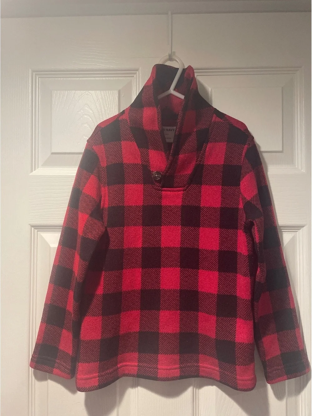 Old Navy Boys Buffalo Plaid Pullover Fleece Red Black Snap Neck Size S 6-7